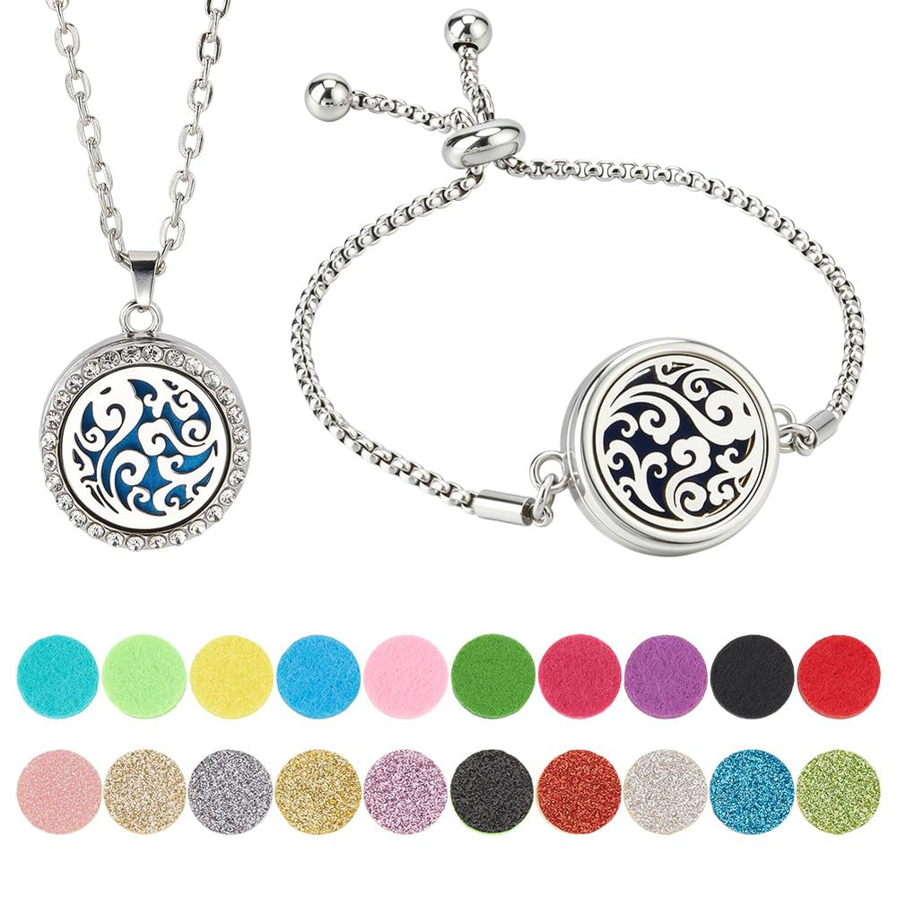 PH PandaHall diffuser necklace and bracelet set with stainless steel locket for on-the-go aromatherapy