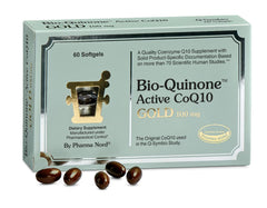 Pharma Nord Bio-Quinone Gold bottle front with 60 softgels for daily energy support.