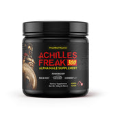 Pharmafreak Achilles Freak 300 tub closeup showing premium pre-workout formula for strong sessions