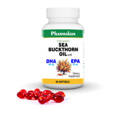 PHARMAKON whole-fruit sea buckthorn oil bottle showing full-spectrum omega fatty acids benefits