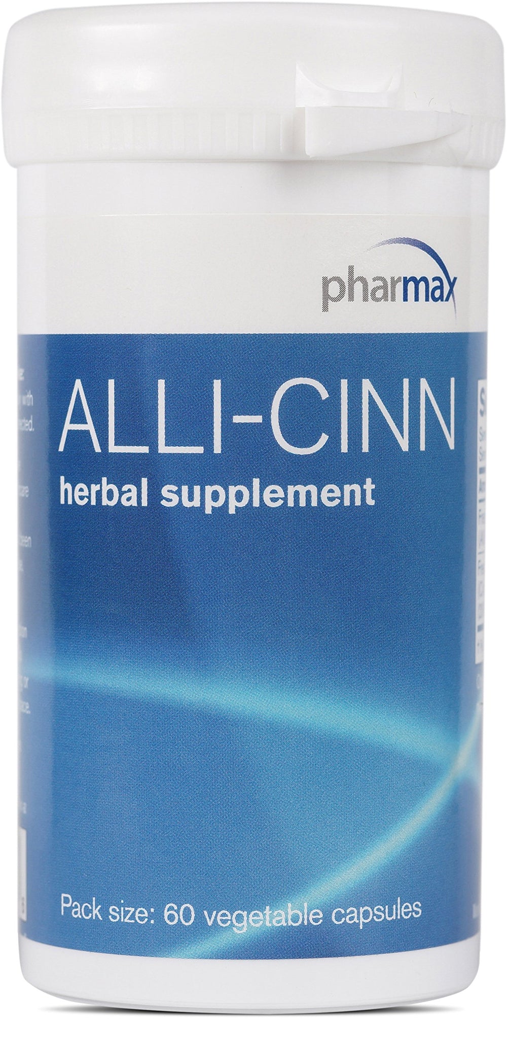 Pharmax Alli-Cinn bottle displaying garlic and cinnamon blend for everyday wellness.