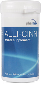 Pharmax Alli-Cinn bottle displaying garlic and cinnamon blend for everyday wellness.