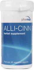 Pharmax Alli-Cinn bottle displaying garlic and cinnamon blend for everyday wellness.