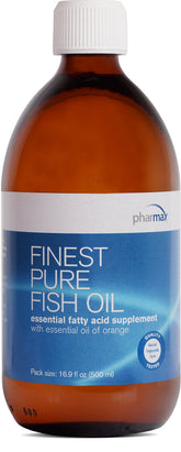 Pharmax Finest Pure Fish Oil orange bottle emphasizes citrus flavor and omega-3 benefits