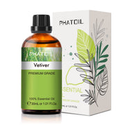 PHATOIL Vetiver essential oil bottle on wood table for calming ambiance