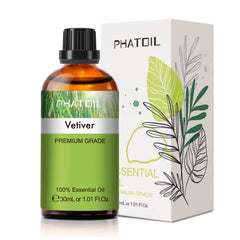 PHATOIL Vetiver essential oil bottle on wood table for calming ambiance