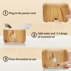 Phimuezl Flame Diffuser wooden grain night light creates a cozy glow.