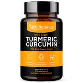 PhiNaturals turmeric-curcumin capsules on bottle for daily wellness support.