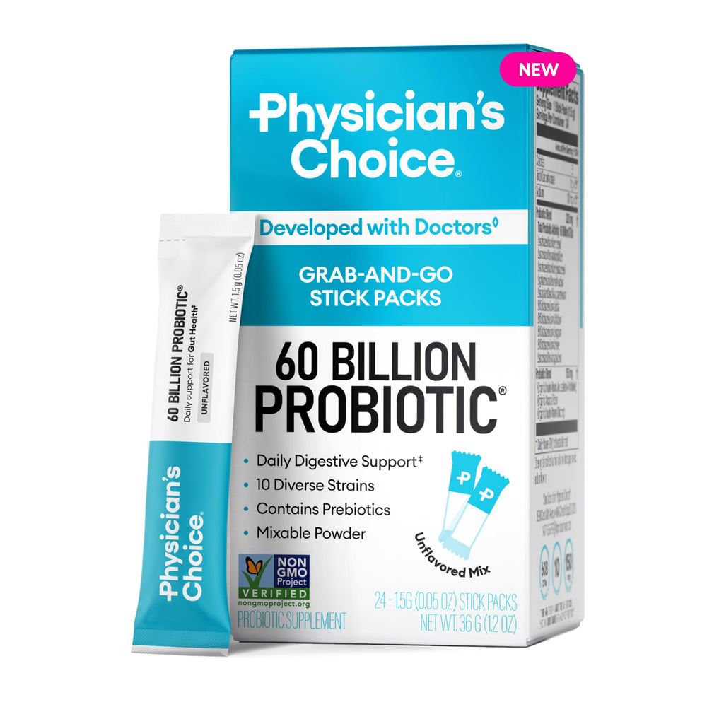 Physicians Choice 60B CFU probiotic stick pack powder supports gut health on the go.