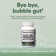 Physician's CHOICE capsules showing dual-action relief for bloating