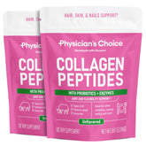 Physician's CHOICE collagen powder tub label, convenient daily supplement for hair and joints.
