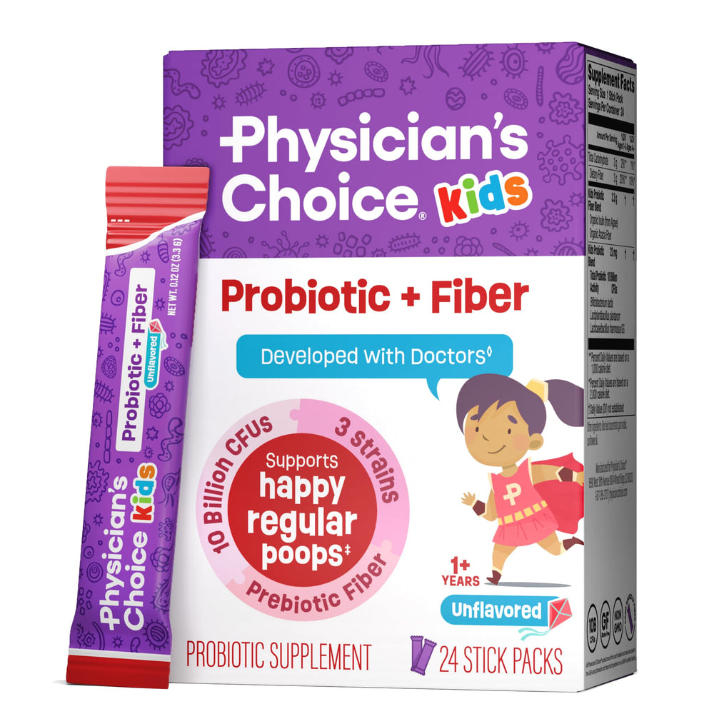 Physician's Choice Kids Probiotic + Prebiotic packets being stirred into a glass of water for easy daily use.