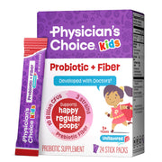 Physician's Choice Kids Probiotic + Prebiotic packets being stirred into a glass of water for easy daily use.