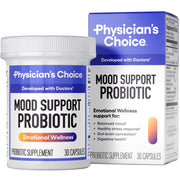 Physician's CHOICE Mood Probiotic bottle highlights daily mood support with prebiotics.