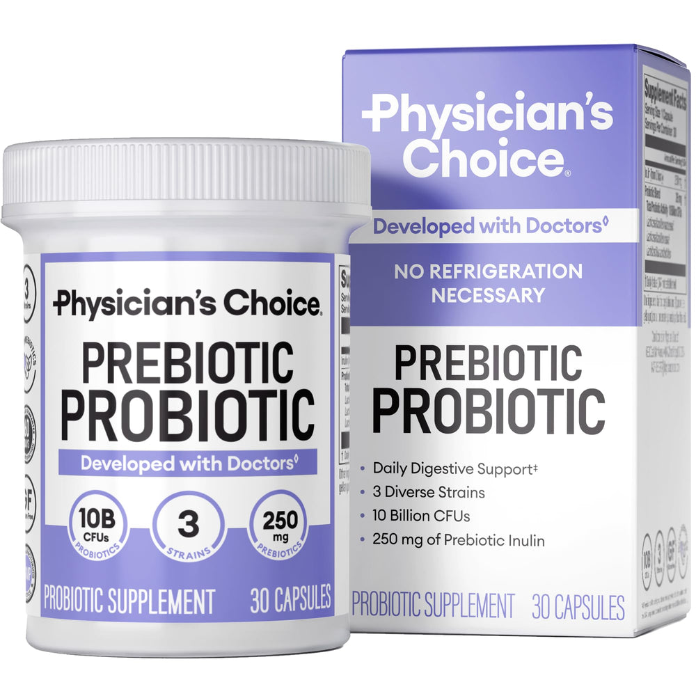 Physician's CHOICE prebiotic-probiotic bottle front showing convenient daily digestive support.