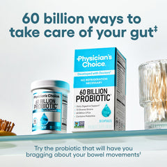 Physician's CHOICE Probiotics 10-strain blend illustrated for diverse gut flora.