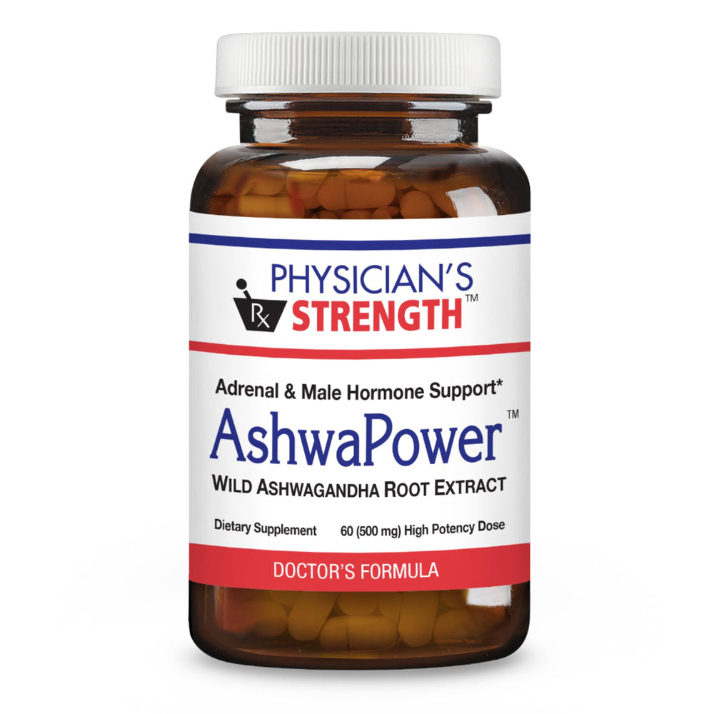 Physician's Strength AshwaPower bottle outer label highlights wild root extract.