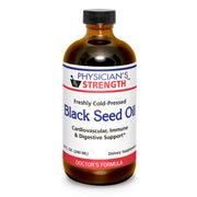 Physician's Strength Black Seed Oil bottle shows cold pressed oil for daily vitality.