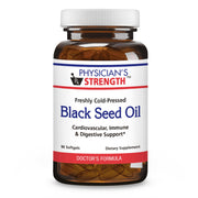 Physician's Strength Black Seed Oil gelcaps bottle closeup with golden softgels for daily wellness
