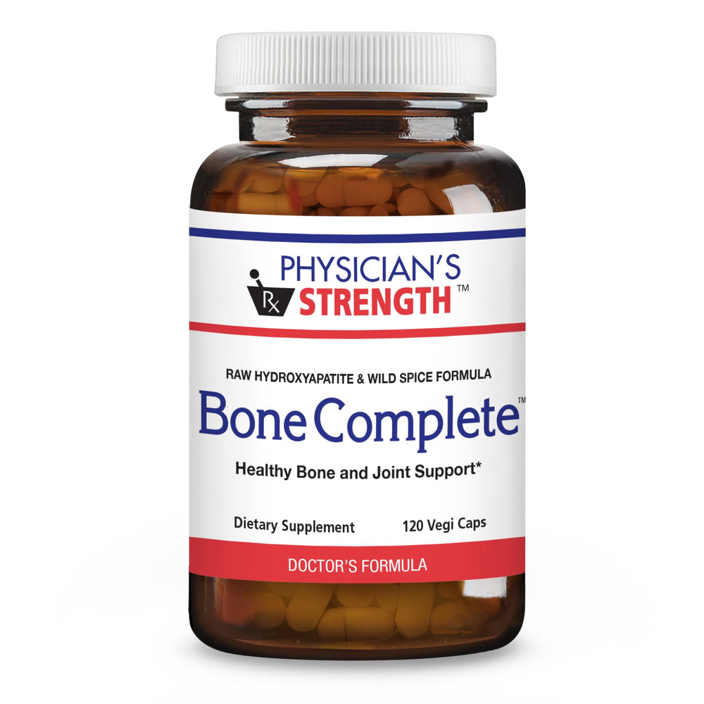 Physician's Strength Bone Complete bottle highlighting non-GMO nutrition for joints and daily vitality.