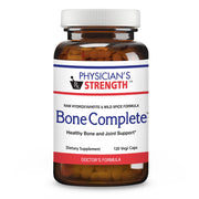 Physician's Strength Bone Complete bottle highlighting non-GMO nutrition for joints and daily vitality.