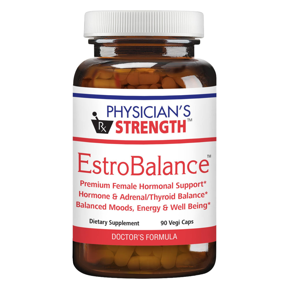 Physician's Strength EstroBalance bottle on display for natural hormone support