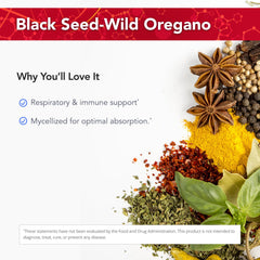 Immuno-Resp ingredients highlight black seed and oregano oil for immune support.