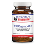 Physician's Strength Wild Oregano-Plus bottle close-up showing capsules for daily support.