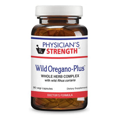 Physician's Strength Wild Oregano-Plus bottle close-up showing capsules for daily support.