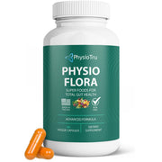PhysioTru Flora Curcumin Piperine bottle close-up shows high-curcuminoid turmeric for absorption.