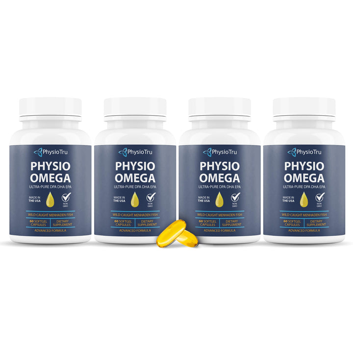 PhysioTru Physio Omega 2400mg bottle front with burpless softgels for daily omega support.