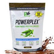 PhysiVantage PowerPlex chocolate jar front showing vegan protein packaging for clean energy.