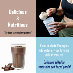 PhysiVantage PowerPlex scoop pouring powder indicating quick mix and plant-based nutrition.