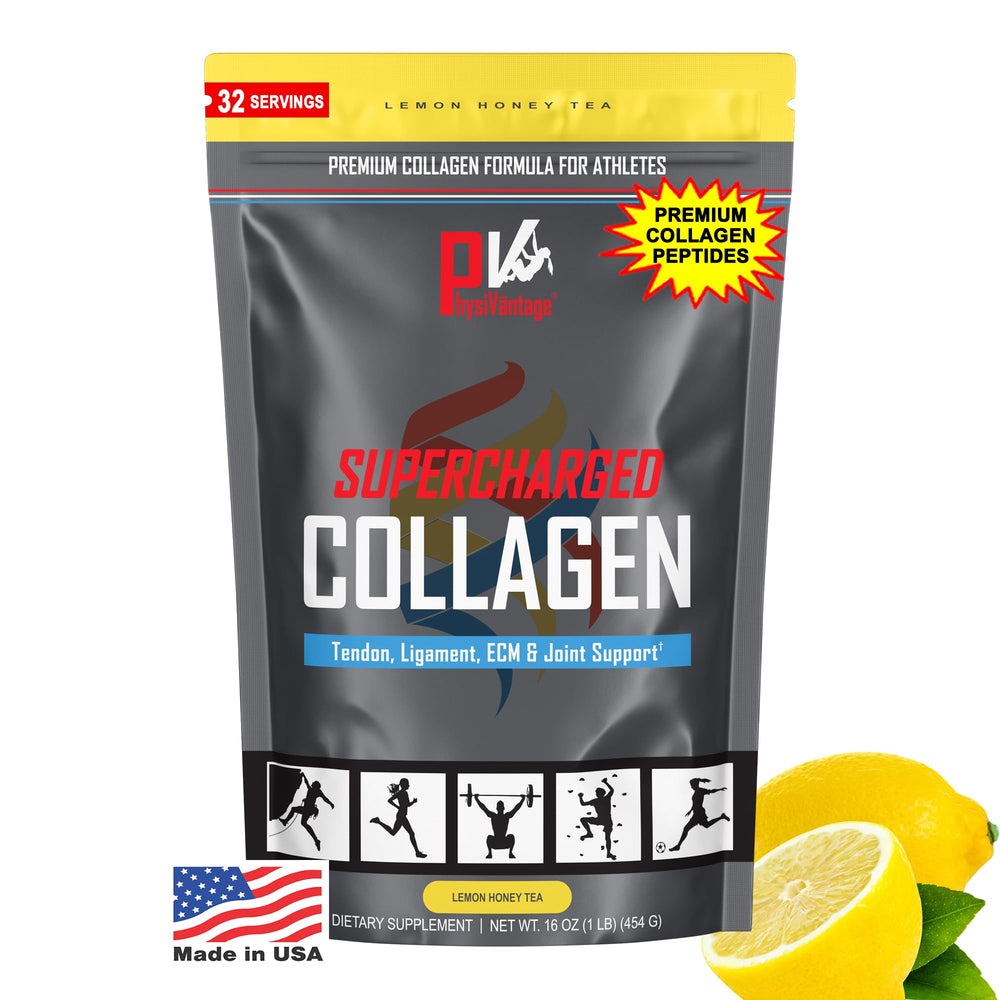 Physiovantage supercharged collagen powder in a bag emphasizes grass-fed sourcing and versatile mixability.