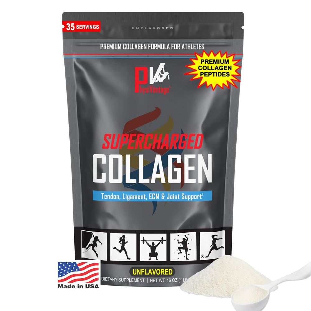 PhysiVantage Supercharged Collagen bottle front view highlighting grass-fed formula for joints.