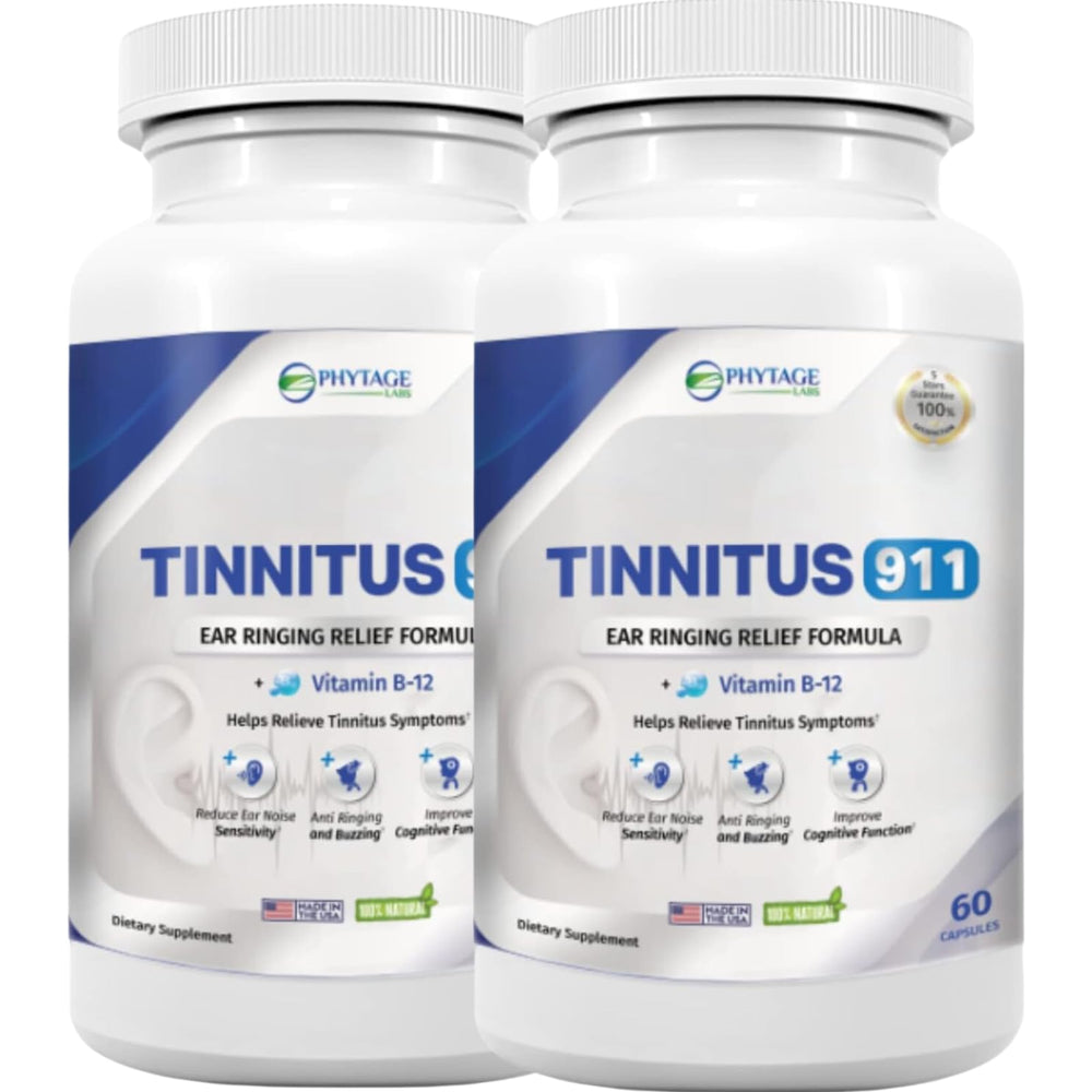 Phytage Labs Tinnitus 911 bottle with capsules signaling calm support