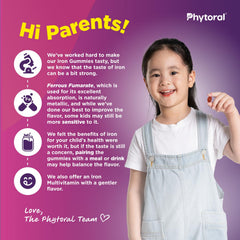 Phytoral Kids Iron Gummies label highlighting vitamins and minerals