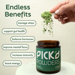 PICK'D POWDERS scoop in hand showing easy daily greens addition