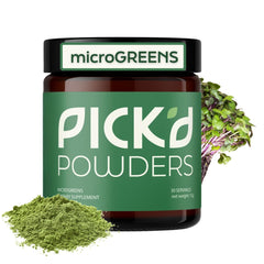 PICK'D POWDERS microgreens powder tub on counter for daily nutrition