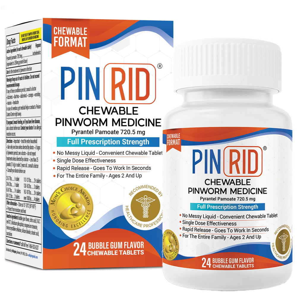 PinRid bubblegum tablet bottle label with clear dosing information for family use.