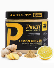Pinch Magic bottle closeup shows lemon-ginger flavor for everyday fiber intake.