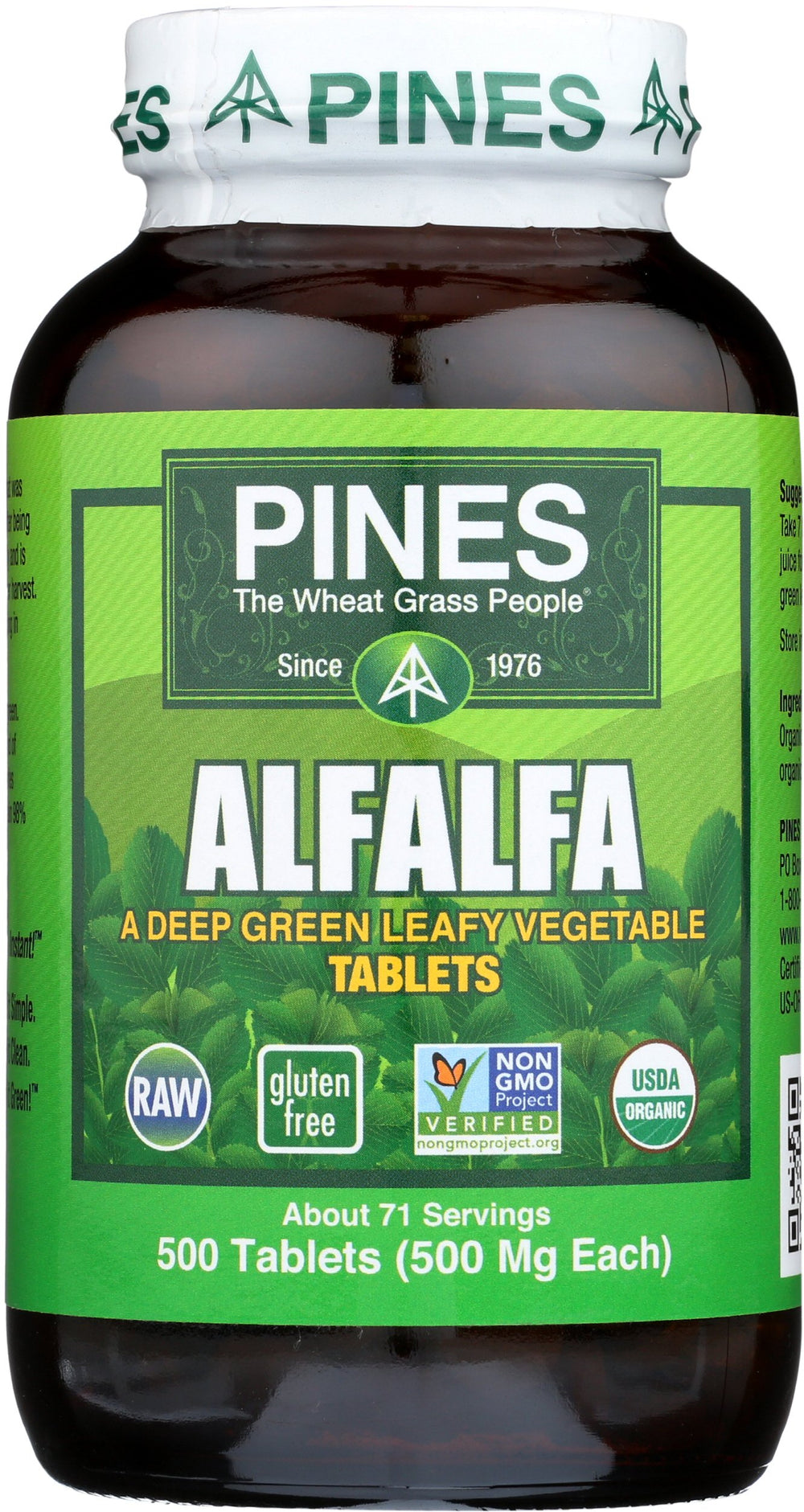Pines Alfalfa 500 Tabs bottle with capsules for convenient daily greens.