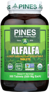 Pines Alfalfa 500 Tabs bottle with capsules for convenient daily greens.