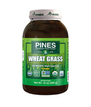 Pines Wheat Grass Powder tin front view, ideal for smoothie greens boosts.