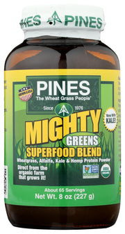 Pines Mighty Greens bottle showing convenient daily greens boost.