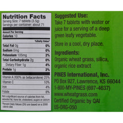 Pines Organic Wheat Grass Tablets bottle, gluten-free vegan supplement for daily greens.