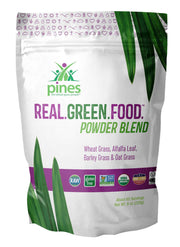 PINES Real.Green.Food powder in a jar, ready for smoothie prep and daily greens.