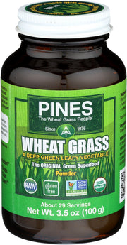 Pines Wheat Grass Powder bottle shown for daily greens boost in the kitchen
