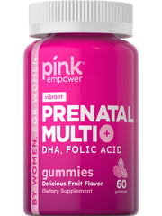 PINK Prenatal Vitamins bottle top view with fruity gummies for everyday care