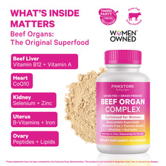 Close-up of Pink Stork beef organ capsules for vitality and nutrient delivery.